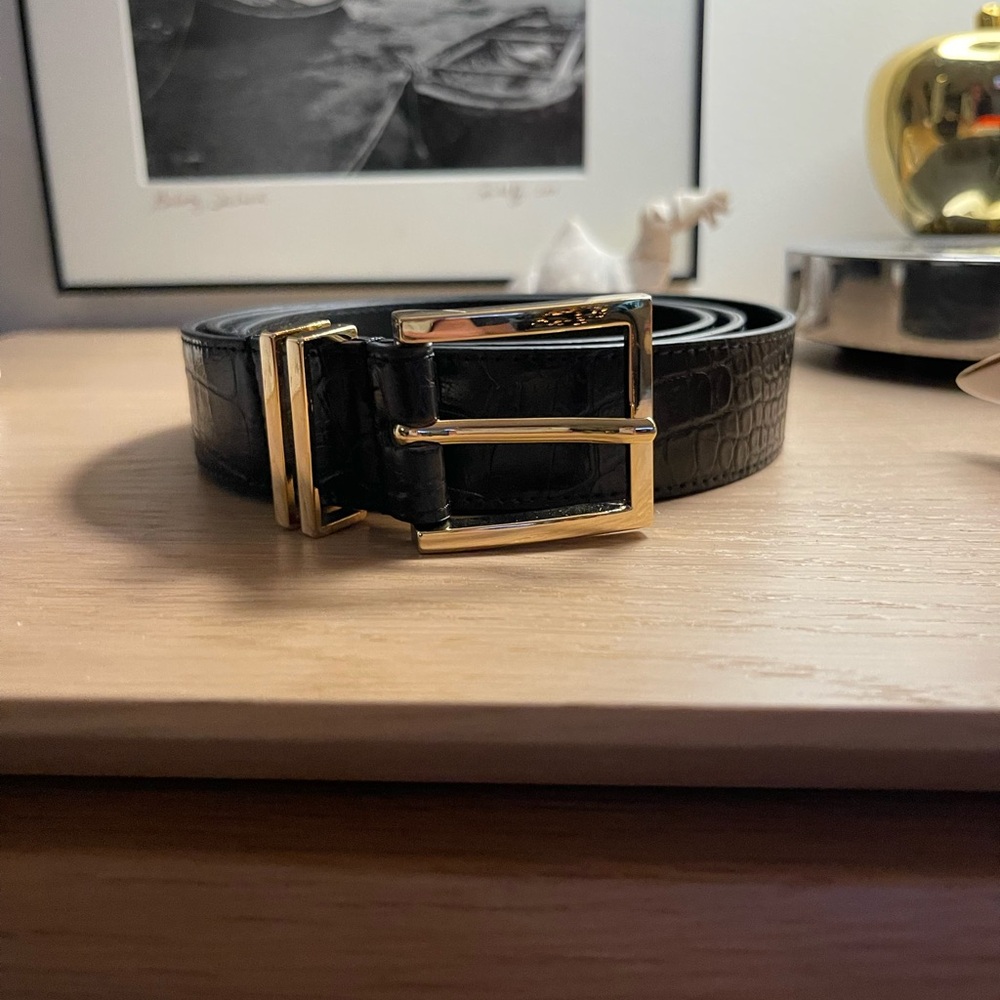 Black Crocodile Embossed Belt with Gold Buckle